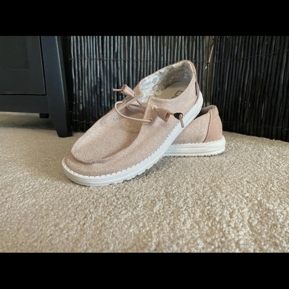 Women's Casual Pink Loafers hey dude rose gold sparkle